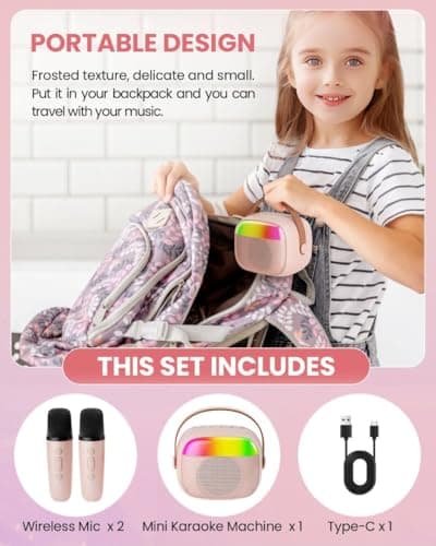 Mini Karaoke Machine for Kids, Toy for Girls Portable Bluetooth Speaker with 2 Wireless Microphones, Fashion Toy Gifts for Christmas Birthday, for 3 4 5 6 7 8+ Year Old Girls Gifts(Pink) - Thumbnail 6