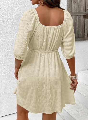 Dokotoo Casual Dresses for Women 2026 Boho Pleated Square Neck Short Sleeve A Line Apricot Dress Cute Going Out Dress Fashion Elegant Button Dresses X-Large - Thumbnail 2