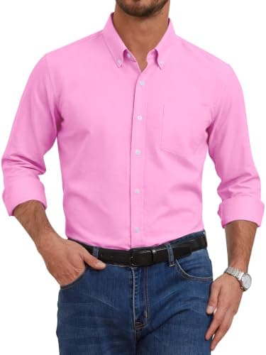 GIANZEN Hot Pink Mens Dress Shirt Long Sleeve Men Button Down Shirts for Oxford Big and Tall Casual Formal Men's Hot Pink Size XXL - Image 1