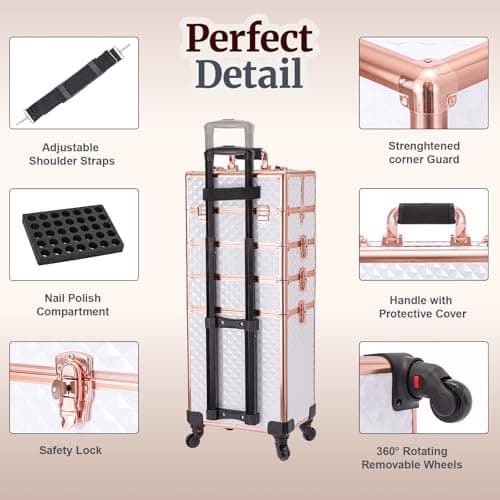 TOPACK Professional 4-In-1 Rolling Makeup Train Case, Large Makeup Travel Case with Key Shoulder Strap/Handle Cushion I Makeup Train Case Organizer I Cosmetology Case on Wheels（White Glod） - Thumbnail 6