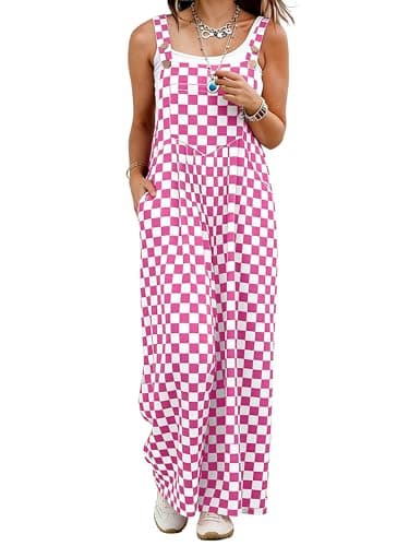 IWOLLENCE Women's Casual Loose Checkered Overalls Summer Wide Straight Leg Jumpers and Rompers Y2K Plaid Sleeveless Jumpsuits with Pockets Beach Vacation Outfits Pink White, M - Image 1