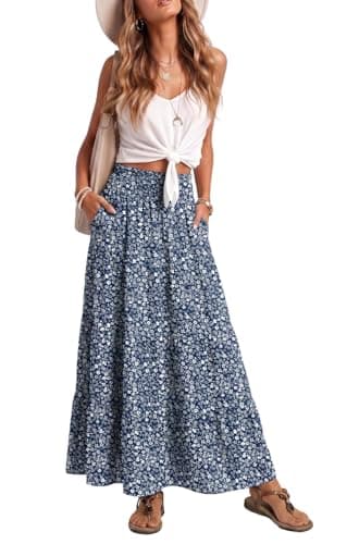 Lepunuo Womens Casual Boho High Waisted Flowy Maxi Skirts Tiered Floral Long Skirts with Pockets for Summer Beach Vacation - Image 1