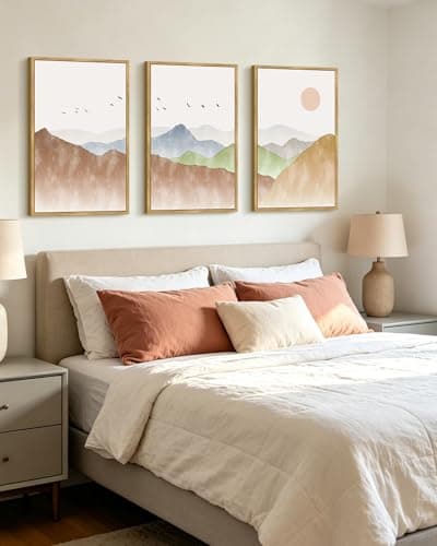 KUVIOKE Mountain Landscape Framed Wall Art Watercolor Nature Painting Boho Sun Rise Prints Farmhouse Rustic Home Decor Ready to Hang 16x24in (Natural Framed) - Image 1