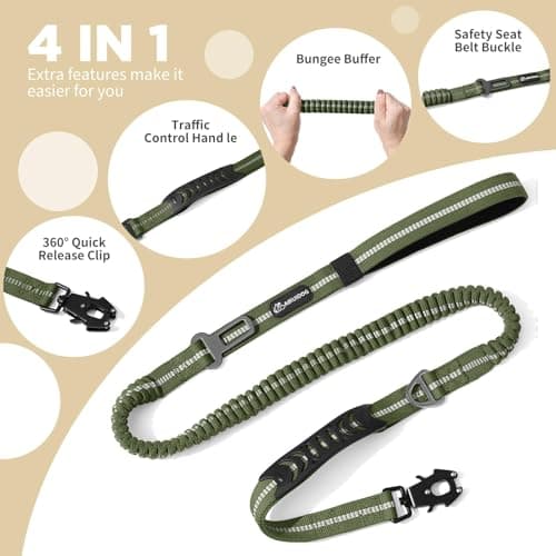 AIRUIDOG Heavy Duty Tactical Bungee Dog Leash, 4-6FT Shock Absorbing Tactical Dog Leash with 2 Padded Handles, Metal Carabiner Clip, Car Seatbelt, Reflective for Medium Large Dogs (ArmyGreen) - Thumbnail 3