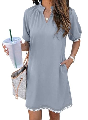 EVALESS Casual Dresses for Women 2026 Ruffle A Line Summer Dresses Loose V Neck Work Vacation Short Dresses Easter Spring Dresses with Pockets Fashion Clothing Resort Wear Outfits Beau Blue Small - Image 1