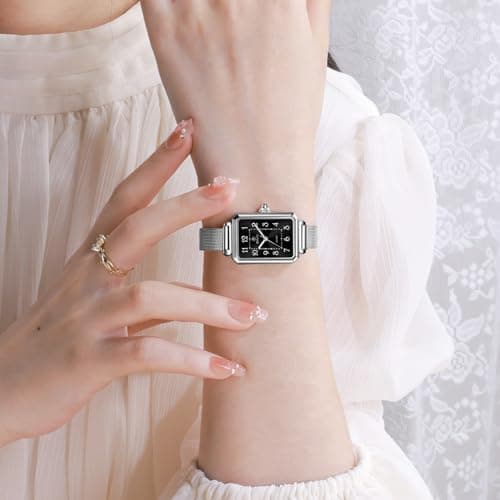 Taxau Watches for Women Dress Large Wrist Womens Waterproof Watch Analog Quartz Black Face Watch for Women with Date Square Mesh Band Ladies Watches - Thumbnail 6