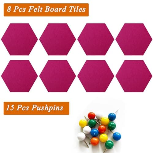 HULAVO 8 Pcs Hexagon Felt Cork Bulletin Board Tiles, Self Adhesive DIY Bulletin Board Pin Board for Office School Home Wall Decor Memos Photos Display(Rose Red) - Thumbnail 4
