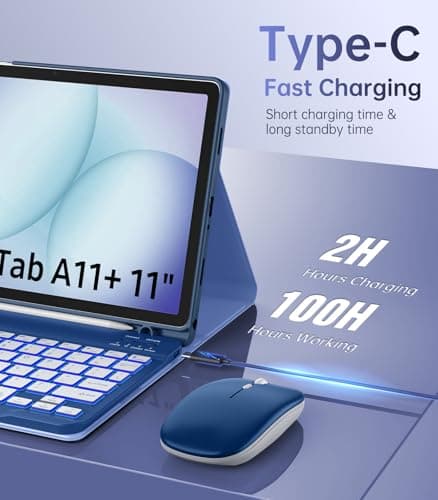 MoKo for Galaxy Tab A11 Plus/A9 Plus 11" Case with Keyboard & Mouse (2026/2024) - 7 Color Backlit Detachable Wireless Keyboard Cover with S Pen Holder for Galaxy Tablet A11+/A9+, Navy Blue - Thumbnail 5