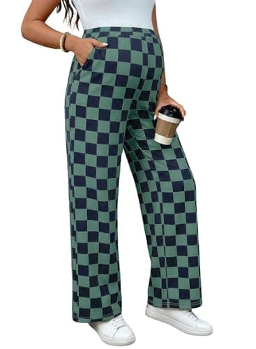 BLENCOT Women Casual Pants for Maternity Elastic Waisted Wide Leg Plaid Checkered 2026 Fashion Grid Pregnancy Pants Trousers Black Green 2XL - Image 1