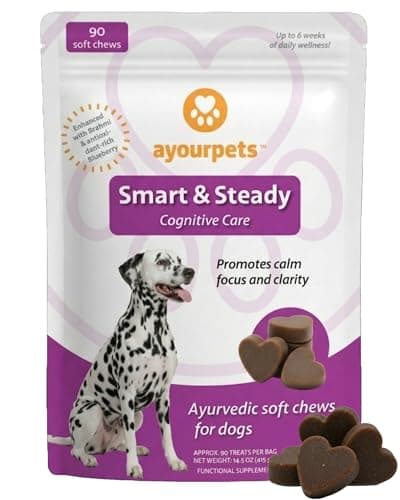 Ayourpets Calming Cognitive Chews for Senior Dogs with Anxiety, Memory & Brain Support – Holistic Herbal Ashwagandha, Brahmi & Omega-3 – Fish Flavor – 90 Count