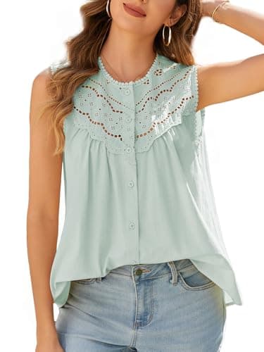 IYICLOTH Women Lace Trimmed Ruched Tank Top Summer Sleeveless Vacation Boho Tops Dressy Casual Button Down Shirts Lightweight,L Green - Image 1