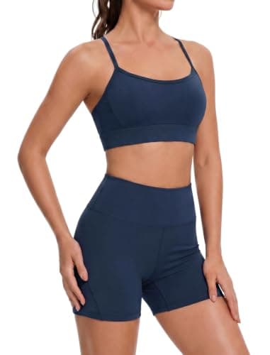 Navy Workout Sets for Women 2 Piece Yoga Pilates Outfit Matching High Waisted Running Biker Shorts with Sport Bra Athletic Gym Active Wear Sets S