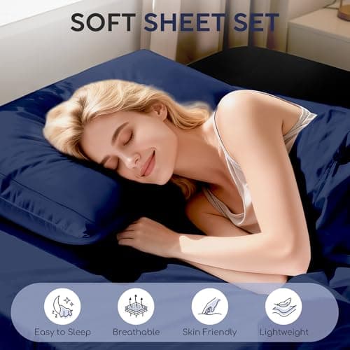 Tokokimo King Sheet Set 4 Piece, Super Soft Washed Cotton-Linen Feel Microfiber, 16" Deep Pocket Fitted Sheet, 1 Flat Sheet, 2 Pillowcases, Breathable Bed Sheets, Navy Blue - Thumbnail 2