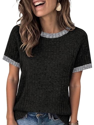 ANRABESS Womens Tops Summer Short Sleeve Shirts Dressy Casual Color Block Work Blouse 2026 Spring Trendy Lightweight Sweater Black Medium - Image 1