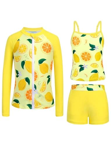 Seanrui Girls Rash Guard Long Sleeve Swimsuits Swimming Suit Tween Bathing Suits with Boyshorts Yellow（13-14Y - Image 1