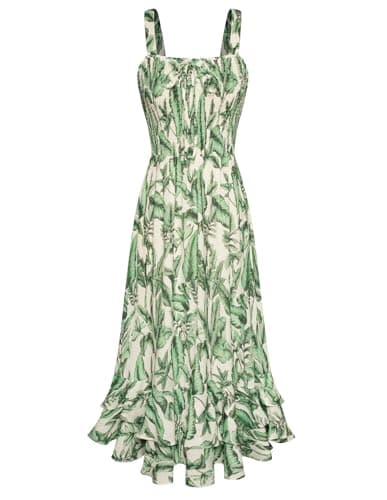 GRACE KARIN Women's 2026 Summer Floral Boho Dress Square Neck Strapped Swing A Line Sundress Beach Long Maxi Outfits Green Leaf 2XL - Image 1
