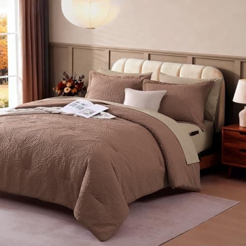 Geniospin Twin Comforter Set - 5 Pieces Brown Textured Bed in Bag, Twin Bedding Sets with Comforter, Sheets, Pillowcases & Shams, All Season Brown Bedding - Thumbnail 2