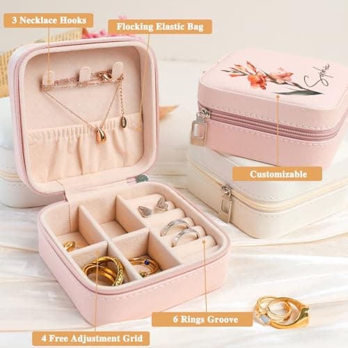 Corissy Personalized Jewelry Box for Women, Custom Travel Jewelry Case with Name and Birth Flower, Leather Jewelry Box for Rings, Earrings, Necklaces, Personalized Gifts for Women - Thumbnail 5