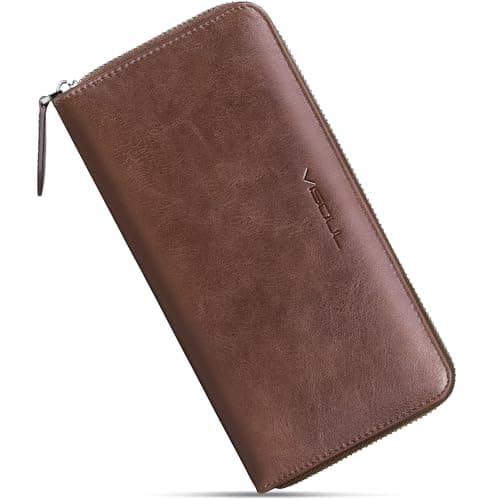 VISOUL Leather Long Zipper Pouch Wallet for Men and Women with RFID Blocking, Large Clutch Cash Long Wallet with Zipper (Brown) - Image 1
