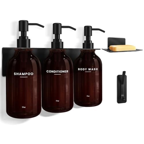 KLL Shampoo and Conditioner Dispenser - Wall Mounted Shower Soap Dispenser - 17oz No-Drill Refillable Plastic Pump Bottles for Bathroom - Includes Soap Dish & Hook (Brown) - Image 1