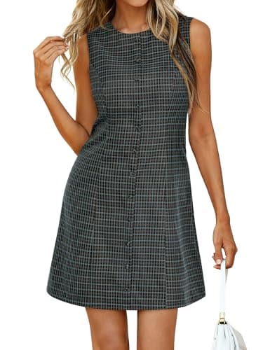BTFBM Summer Dresses for Women 2026 Plaid Sleeveless Zip Up A Line Mini Dress Business Casual Vacation Gingham Sundress(Dusty Blue, Large) - Image 1