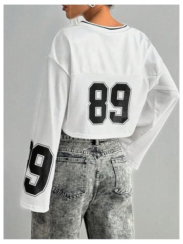 Milumia Women's Jersey Shirts Y2k Number Print Long Bell Sleeve Crop Tops Football Jersey White X-Small - Thumbnail 2