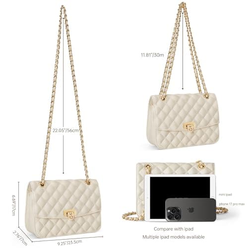Goinsound womens quilted purse with chain leather crossbody bag designer shoulder bag checkered handbags for go out Beige - Thumbnail 3