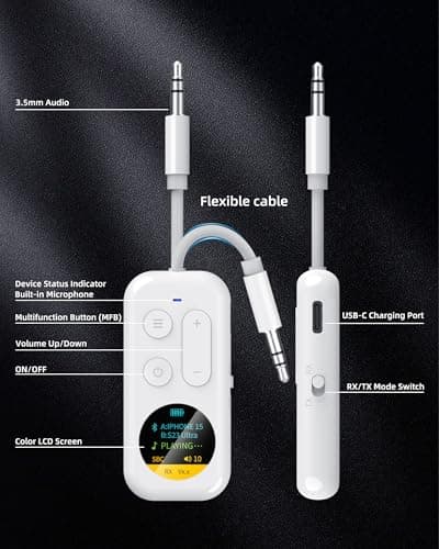 LEZIRLOA Airplane Bluetooth Adapter with LED Screen, 2-in-1 Bluetooth Transmitter Receiver for Flight & TV, Dual Headphones Audio Adapter, 20H+ Playtime, Travel Essentials - Thumbnail 3