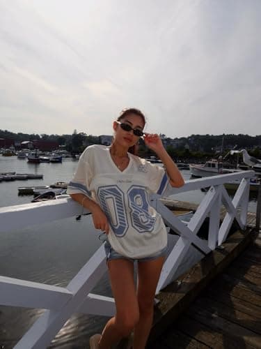 Aelfric Eden Jersey Shirts for Women Y2k Oversized V Neck Graphic Tees Football Number Streetwear T Shirt Tops Off White L - Thumbnail 2