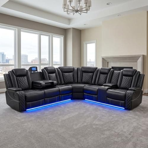 FUOROLA Power Recliner Living Room Set with LED, Breathing Leather Reclining Sectional Sofa Couches for Home Theater with Cup Holder, Storage Consloe, USB Charge
