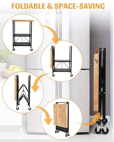 Mythinglogic Foldable Kitchen Storage Cart, 3-Tier Rolling Cart with Solid Oak Top, Heavy-Duty Metal Utility Rack for Microwave, Pots, Dish Set, Meal Prep Area, Kitchen Island on Lockable Wheels - Thumbnail 2