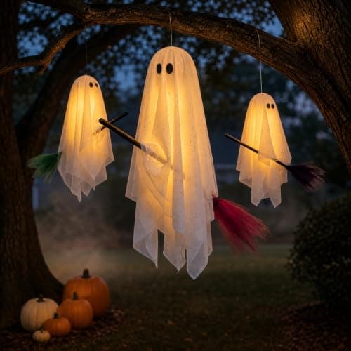 Halloween Decorations Outdoor, 3 Pack Hanging Ghosts on Brooms with Built-in Warm Lights, Flying Ghost Family Decor, Floating Gauze Ghost for Tree, Porch, Yard, Patio, Indoor Halloween Decorations - Image 1
