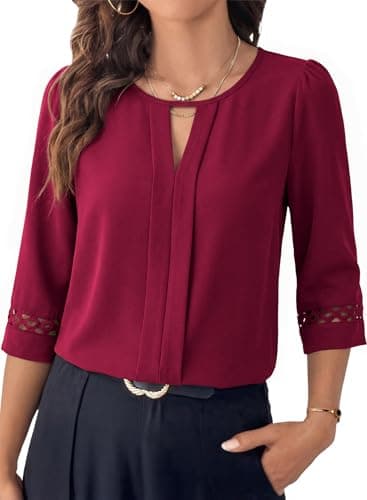 Dokotoo Women Blouses Dressy Casual 3/4 Lace Sleeve Tops Business Work Office Shirts 2025 Fall Outfits Trendy Chiffon Tops Red X-Large