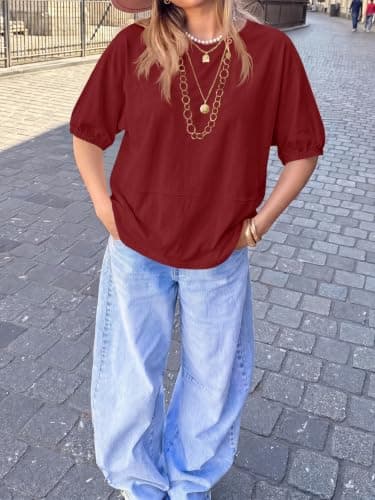 Tankaneo Oversized Tshirts for Women Summer Half Sleeve Tops Casual Crewneck Baggy Tunic Loose Fit Basic Tees Spring Clothes Wine Red - Thumbnail 6