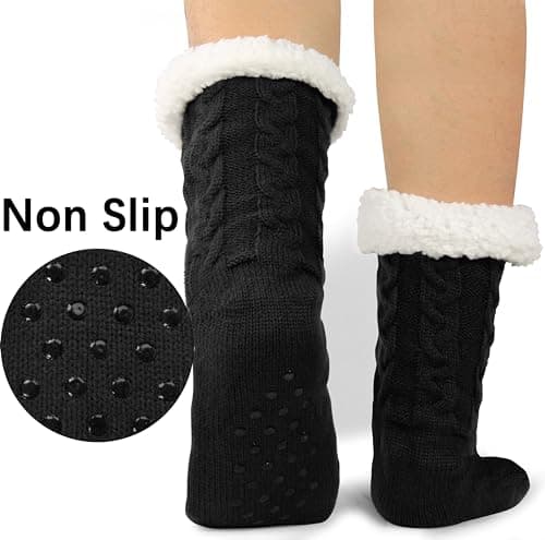 BenSorts Mens Warm Slipper Socks with Grips Cozy Fuzzy Lined Winter Non Slip Indoor House Christmas Gifts Stocking Stuffers Black - Thumbnail 2