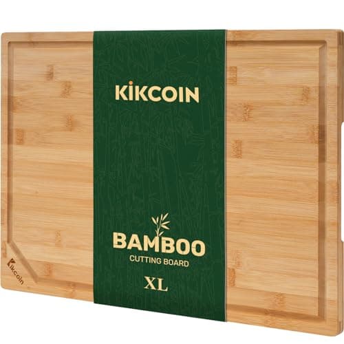 Kikcoin 17”×11” Bamboo Cutting Boards for Kitchen, Healthy Wooden Cutting Boards for Kitchen, Charcuterie, Vegetables, Cheese, Extra Large Chopping Boards with Deep Juice Groove and Handle, Natural - Image 1