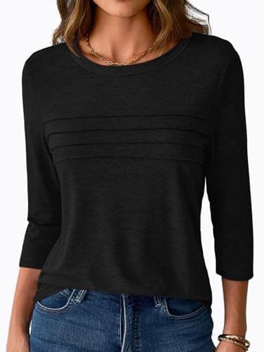 NORACORA 3/4 Sleeve Tops for Women T Shirts Dressy Casual Spring Fall Outfits Pleated Front Shirts Round Neck Casual Tunic Basic Tee Tops Black M - Thumbnail 2