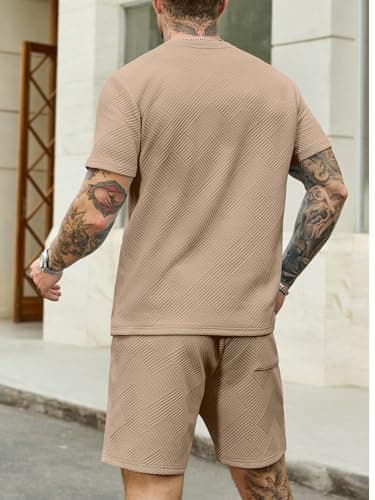 JEMLDL Mens 2 Piece Outfit Set Summer Jacquard T-Shirt Shorts Casual Short Sleeve Lounge Wear Clothing Sets for Men Dark Khaki L - Thumbnail 2