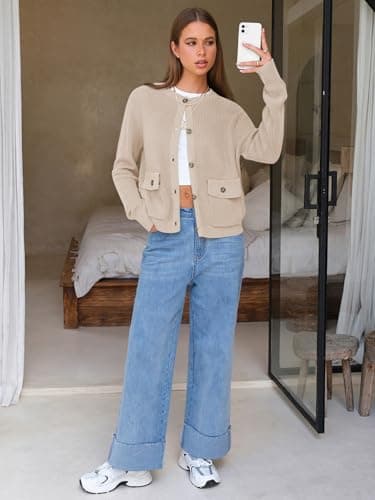 EXLURA Womens 2025 Knit Cardigan Sweaters Spring Fall Crewneck Open Front Button Jacket Fashion Outerwear Coats with Pockets Beige - Thumbnail 3