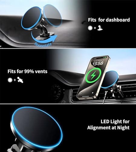 BHHB for iPhone 17 Magsafe Car Mount Charger, [2026 New] 15W 2in1 Magnetic Wireless Car Charger, fits for Magsafe Car Charger, Vent/Dashboard Phone Holder Mount for iPhone 17 16 15 14 13 12 Series - Thumbnail 3