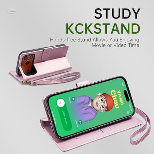 FLIPALM Wallet Case for iPhone 17 Series with Wrist Strap - PU Leather Folio Flip with Credit Card Holder & Kickstand, Protective Cover (Pink, for iPhone 17 Pro) - Thumbnail 3