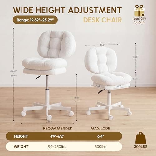 Dowinx Vanity Chair with Wheels, Double-Layered Thickened Cushion Makeup Chair with High Backrest, Armless Swivel Ergonomic Comfy Desk Chair for Home Office, Adjustable Height for Bar Counter-White - Thumbnail 2