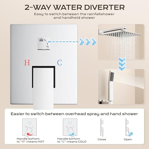 Concealed Shower System with Brass Pressure Balance Valve, 10 Inch Rain Shower Head & Handheld Spray, Solid Brass Rough-In Valve, Anti-Scald Faucet Set, 1/2" US NPT, Silver - Thumbnail 6