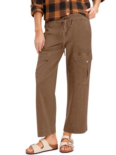 Cicy Bell Womens Cotton Cargo Pants Low Rise Drawstring Waist Wide Leg Casual Hiking Pants with Multiple Pockets Brown - Image 1
