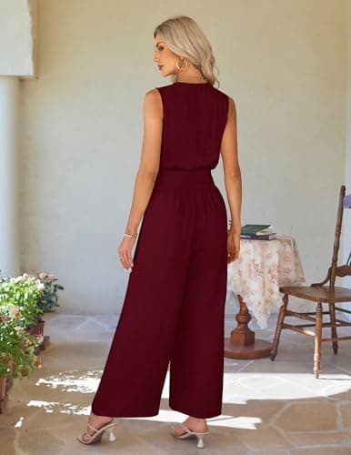 LOOKBOHO Womens Trendy Jumpsuit Dressy Casual Rompers Summer Sleeveless V Neck Elastic Waist Wide Leg Pants 2026(WR,S) - Thumbnail 3