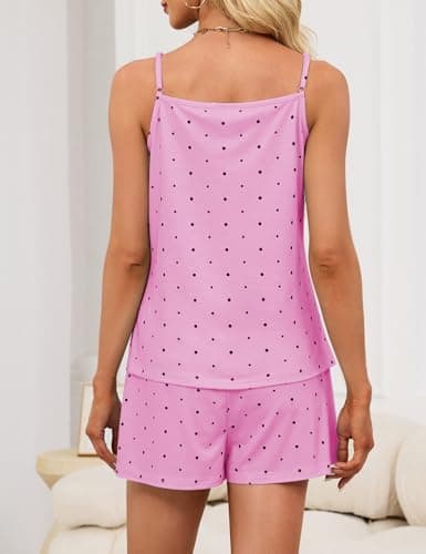 JUSTFASHIONNOW Womens Pajama Sets Shorts Cute Tank Top Shorts Set Ruffle Polka Dots Pj 2 Piece Summer V Neck Pajama Soft Lingerie Sleepwear (Pink,Large) - Thumbnail 6