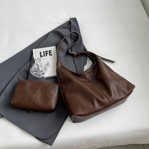 JueiXeoy Hobo Bags for Women Slouchy Tote Bag Crossbody Purses 2PCS Retro Vegan Leather Shoulder Handbags with Coin Purse Set Brown - Thumbnail 3