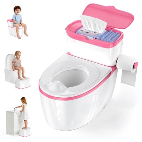 3-in-1 Toddler Potty Training Toilet with Flushing Sound, Wipes Storage & Toilet Paper Holder, Realistic Potty Chair with Detachable Seat and Easy-Clean Design for Boys & Girls Ages 18+ Months (Pink)