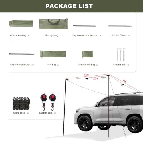 FEIWOOD GEAR Portable Car Awning for SUV, Vehicle Awning for Camping Van Truck, Needn't Roof Rack Hardwares Waterproof UV50+ 10 x 5.6 ft - Thumbnail 2