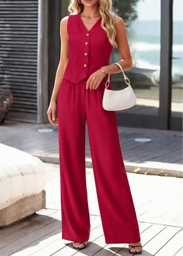 KIRUNDO Business Casual Outfits for Women Vest Tops Pant Suits Dressy 2 Piece Sets Summer Crop Blazer Wide Leg Work Pants(Wine Red, X-Large) - Thumbnail 3